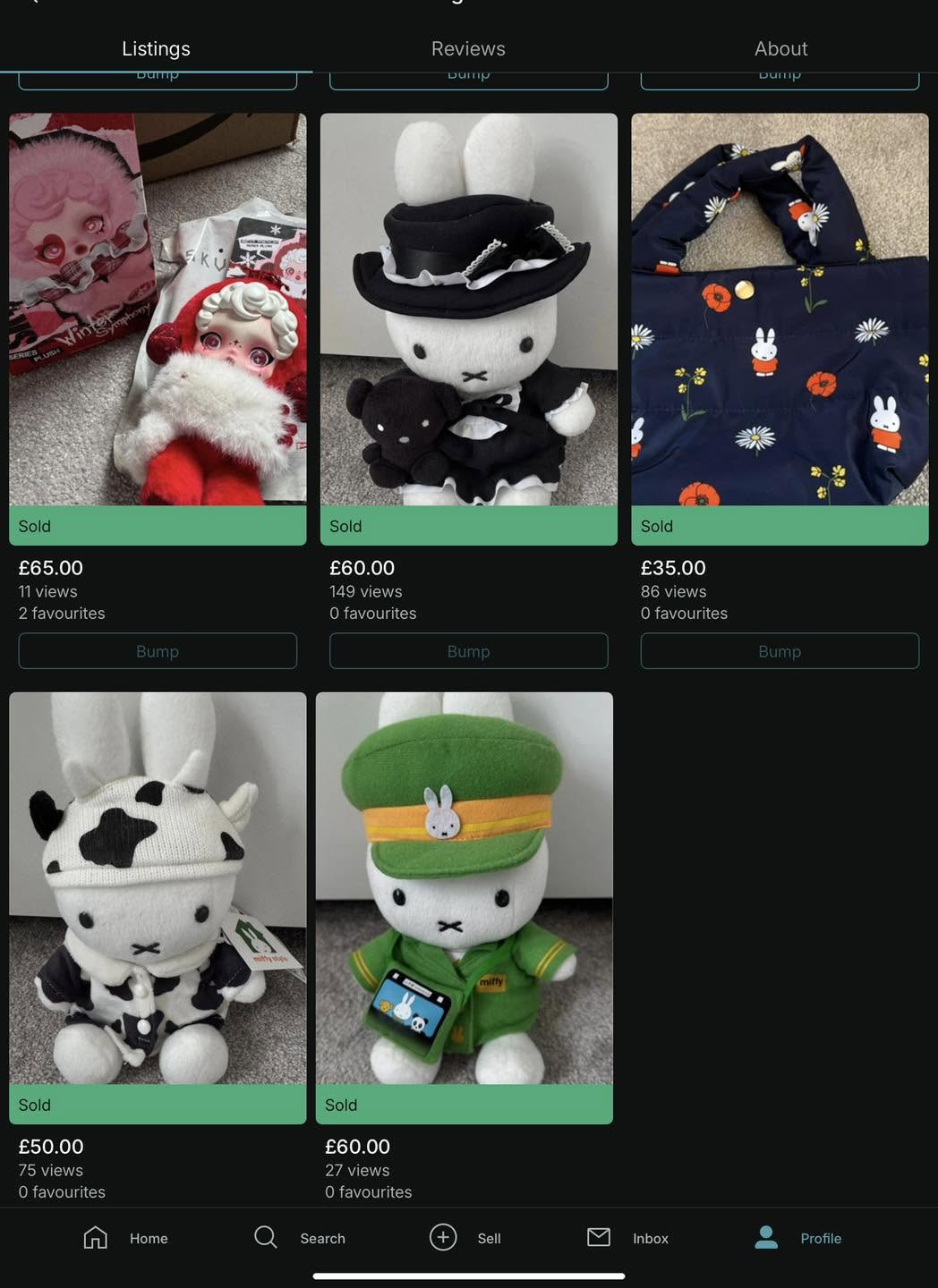Example Vinted UK seller account showing sold Miffy plush and other Japanese items